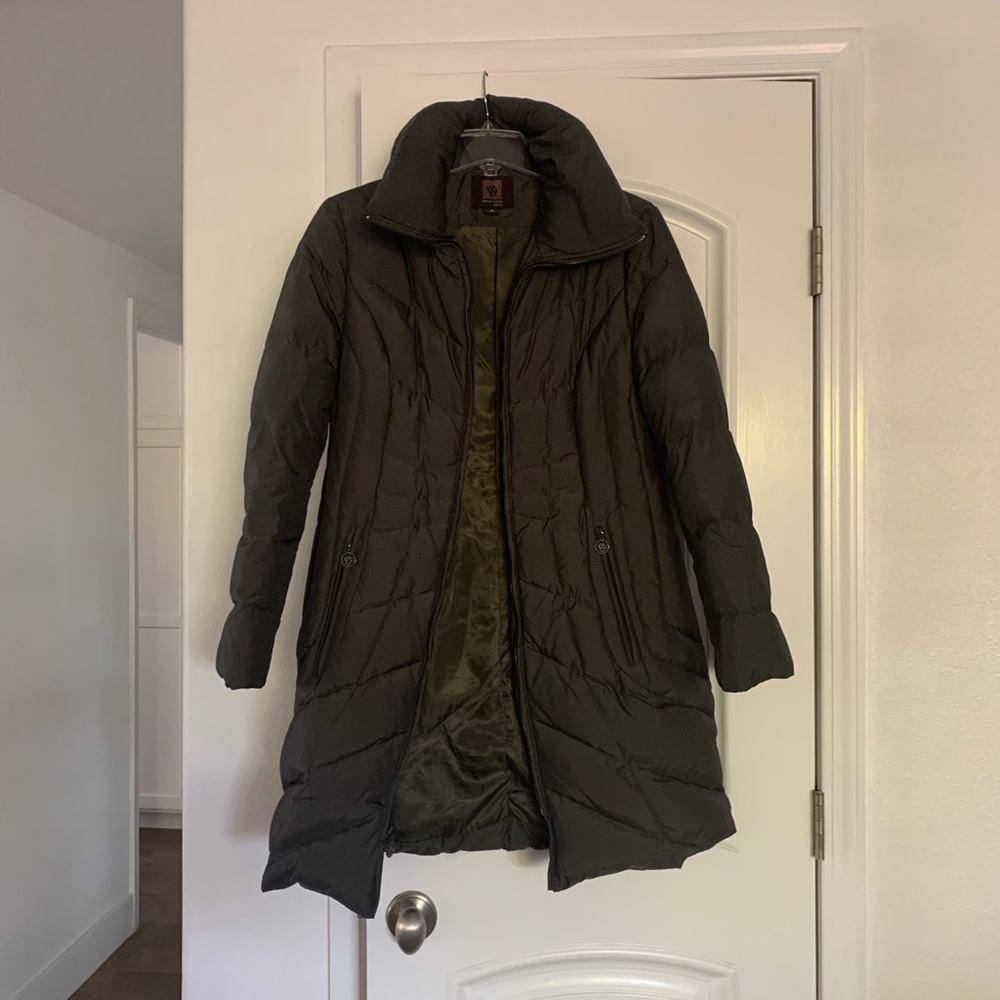 Anne Klein long down coat in Olive Green